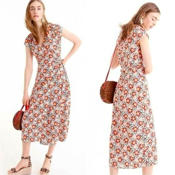 J CREW Flutter Sleeves Midi Wrap Dress Seventies Floral XSP - Picture 1 of 12